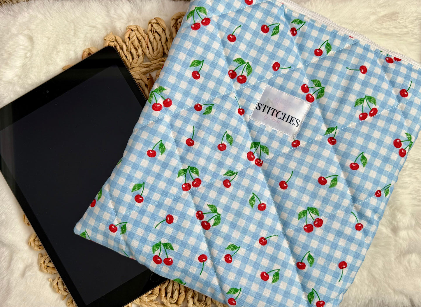 Blue Gingham Cherry iPad Sleeve