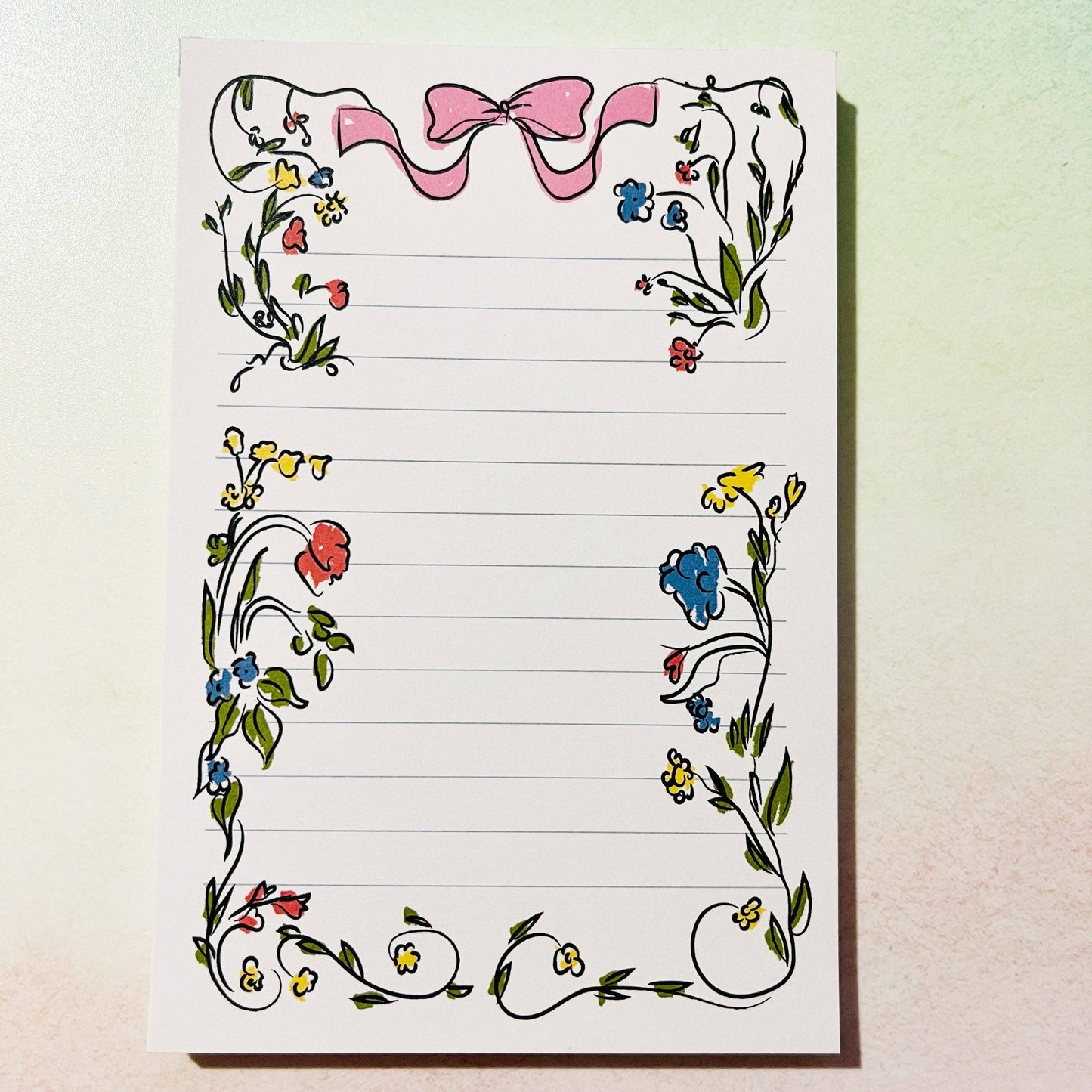 4x6 Notepad, Hand Drawn Floral Bow Border