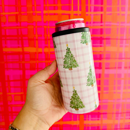 Slim Can Cooler, Pink Christmas Tree Gingham Pattern