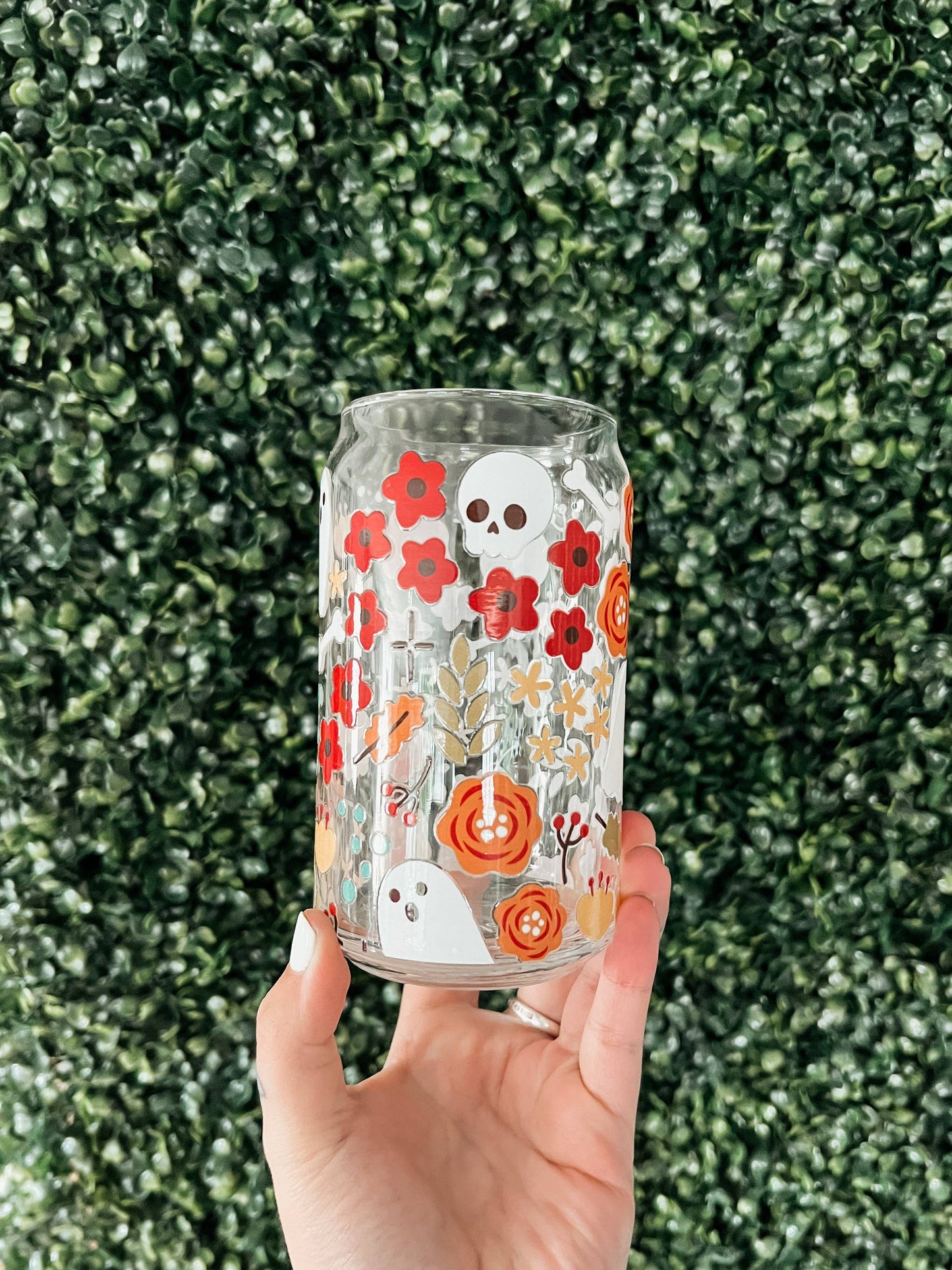 Halloween Floral Glass Can