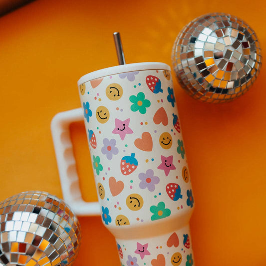 40oz Tumbler with Lid and Straw, Happy Strawberries on Cream