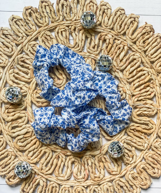 White and Blue Flower Scrunchie