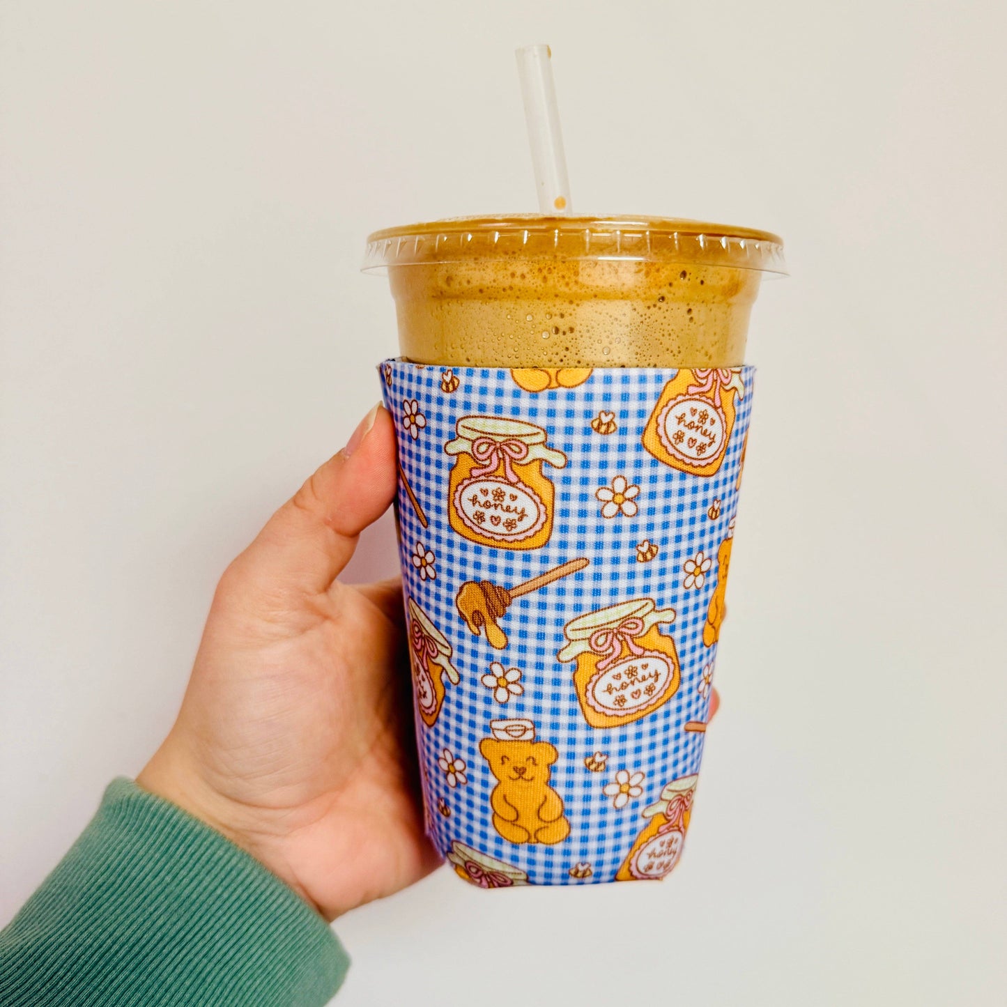Iced Coffee Sleeve, Honey Bear Gingham Pattern