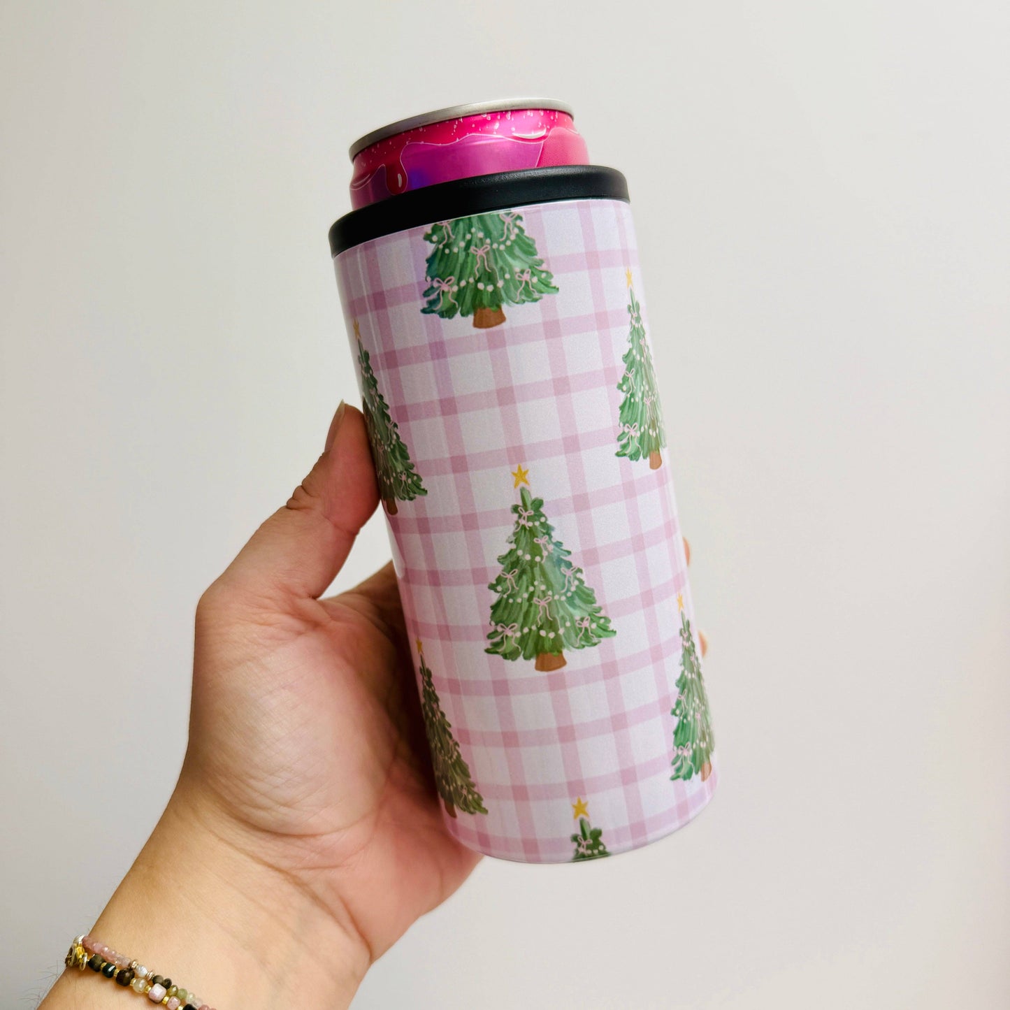 Slim Can Cooler, Pink Christmas Tree Gingham Pattern